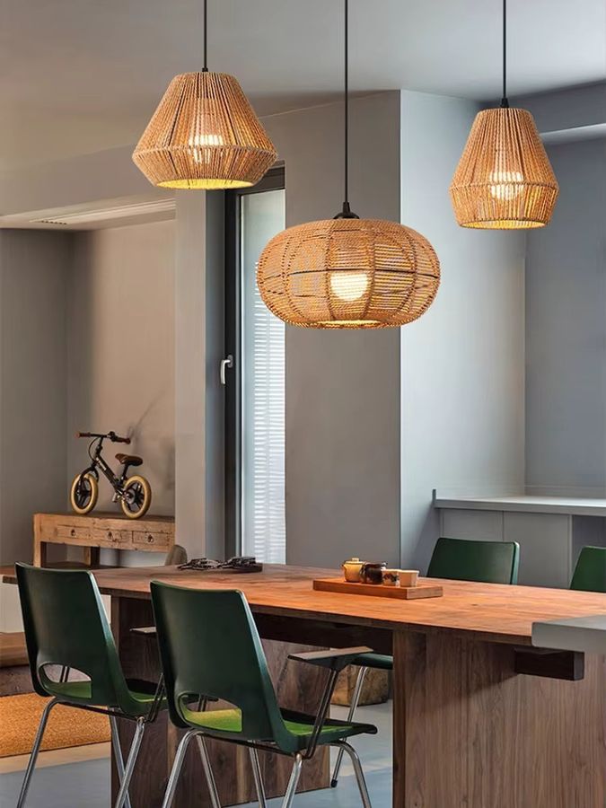 LZPZ RUI Rattan Pendelleuchte im Vintage Bauernhaus Stil mit handgewebtem Hanfseil und E27 Fassung - Bild 4