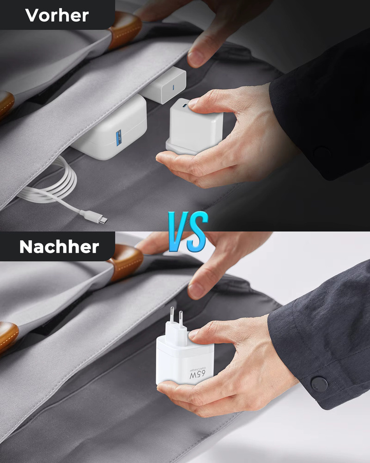 TOPADRE 65W GaN Schnellladegerät in Weiß mit einziehbarem Kabel und faltbarem Stecker für iPhone, Samsung, iPad und Android-Smartphones - Bild 3