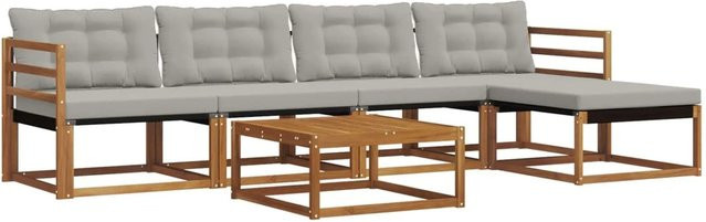 vidaXL Outdoor-Sofagarnitur 6-teilig aus Akazienholz und Textilene in Grau mit UV-beständigen Kissen - Bild 1