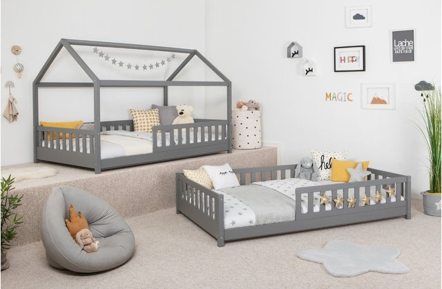 TiCAA 2 in 1 Montessori Hausbett aus Kiefer Massivholz mit abnehmbarem Dach und Rolllattenrost, weiß - Bild 1