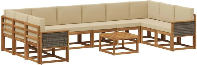 vidaXL Outdoor-Sofagarnitur aus Massivholz Akazie in Natur und Beige, 11-teiliges L-Shape Set mit Polstern und Armlehnen - Bild 1