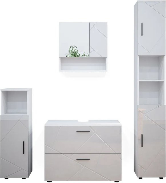 Vicco Badmöbelset Irma in Weiß Hochglanz bestehend aus Spiegelschrank, Hochschrank und Midischrank - Bild 2