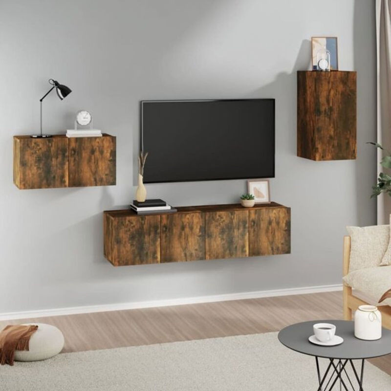 4-teiliges Vidaxl TV-Schrank-Set aus Holzwerkstoff in Räuchereiche, Braun und Grau im Industrial-Stil - Bild 1