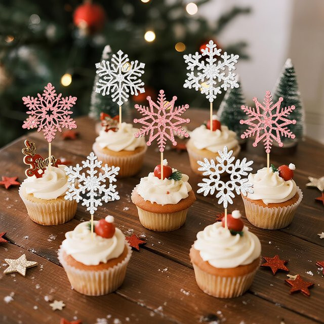 YOMDID 25 Stück glitzernde Schneeflocken-Kuchendekoration in Pink und Silber als Weihnachts-Cupcake-Topper und Schneeflocken-Picks - Bild 1