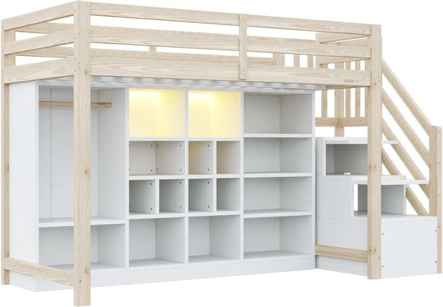 Merax Hochbett für Kinder mit LED-Unterbettbeleuchtung, Schrank und Treppe, Farbe Weiß/Braun, B/T/H: 90 x 200 x 128 cm - Bild 1