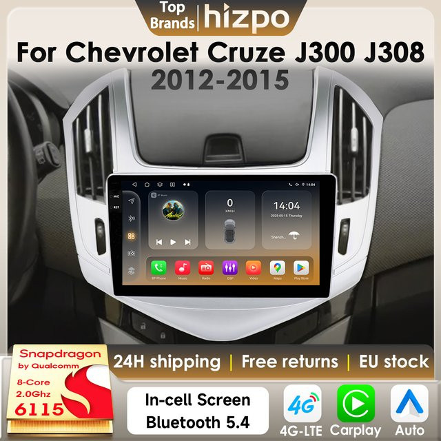 Hizpo Android 14 Autoradio für Chevrolet Cruze J300 J308 (2012-2015) mit 8GB RAM, 128GB Speicher, Snapdragon 6115, GPS und 4G Carplay in Schwarz - Bild 1