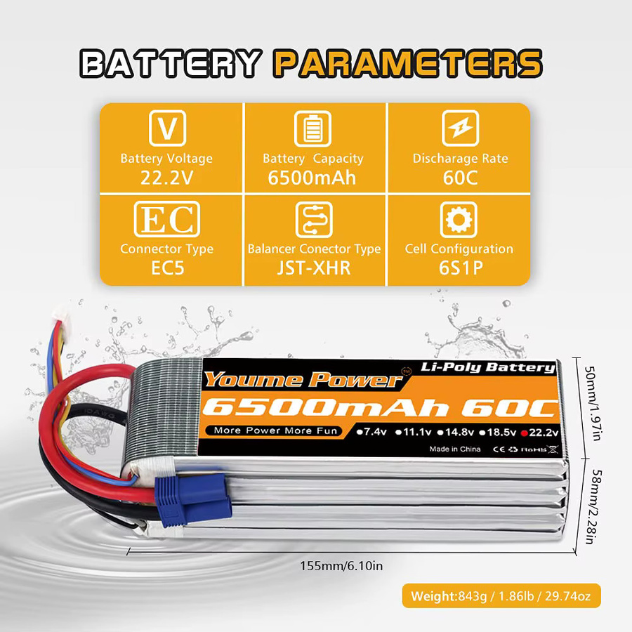 Youme RC Lipo Batterie, 6S 22,2 V 6500 mah 5200 mah, CE-gekennzeichnet - Bild 3