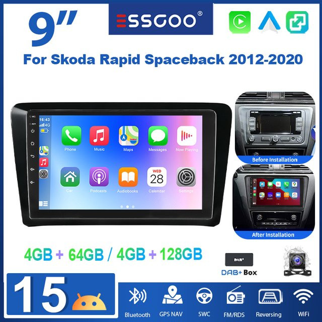 ESSGOOO Android 15 Autoradio mit 9 Zoll Display für Skoda Rapid Spaceback 2012-2020, Kabelloses CarPlay, GPS, WiFi, Bluetooth, Schwarz - Bild 1