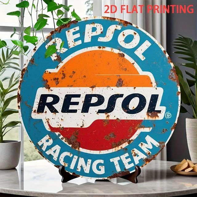 Potdemiel Wanddekoration Repsol Racing Team Logo aus Eisen im industriellen Vintage-Stil mit Rostmuster und lebendigen Farben - Bild 1