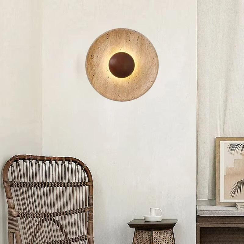 Moderne Wandleuchte aus Naturstein und Holz in Braun und Beige, Up-Down-Licht für Schlafzimmer, Esszimmer oder Flur, Durchmesser: 25 cm - Bild 2