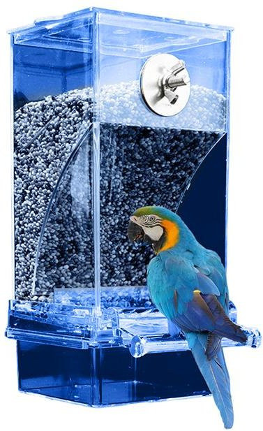 Wolfman Automatischer Futterspender für Vogelkäfige aus transparentem Acryl mit Sitzstange, Blau - Bild 1