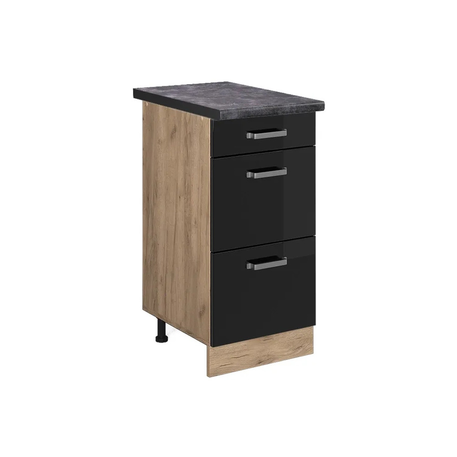 Vicco Küchenunterschrank R-Line in Schwarz Hochglanz und Goldkraft Eiche mit Schubladen und Türen, Breite: 40 cm, Höhe: 81,6 cm, Tiefe: 60 cm - Bild 2