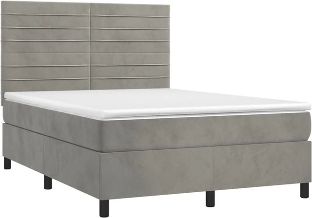 vidaXL Boxspringbett mit Matratze in Hellgrau, Hybridbett mit LED-Unterbettbeleuchtung und USB-Ladeanschluss, Samt, B/T/H: 140 x 200 x 118 cm - Bild 1