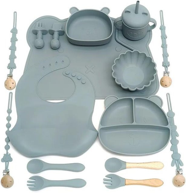 Fashnics Kinder-Essgeschirr-Set aus Silikon mit Saugnapf und unterteiltem Teller, BPA-frei, Navy Blau - Bild 1