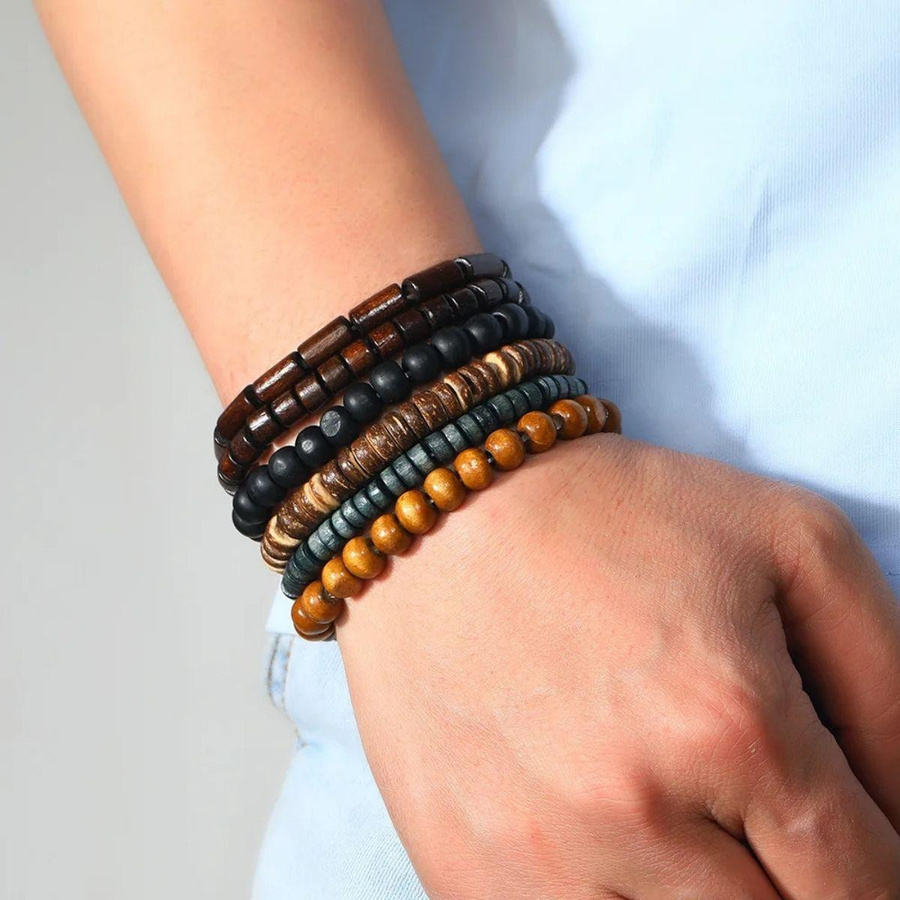 Armband Leder, Holzperlen, Bunt, Herren - Bild 2
