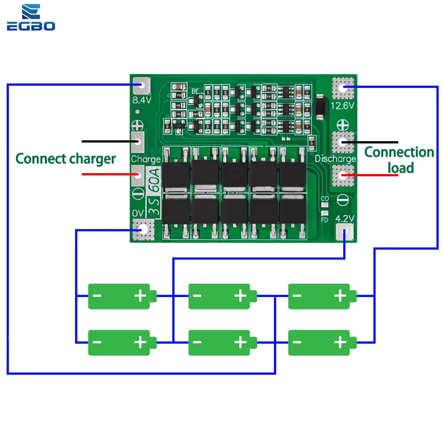 EGBO BMS Li-Ion Lithium Batterie Ladeschutz für 18650 Akkus 3S 4S 40A 60A in Grün - Bild 2