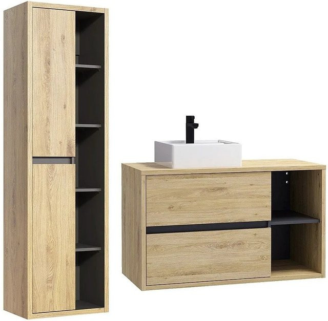 PURNAL Badmöbel-Set mit Waschbecken und Schrank in Beige, Breite: 100 cm - Bild 1