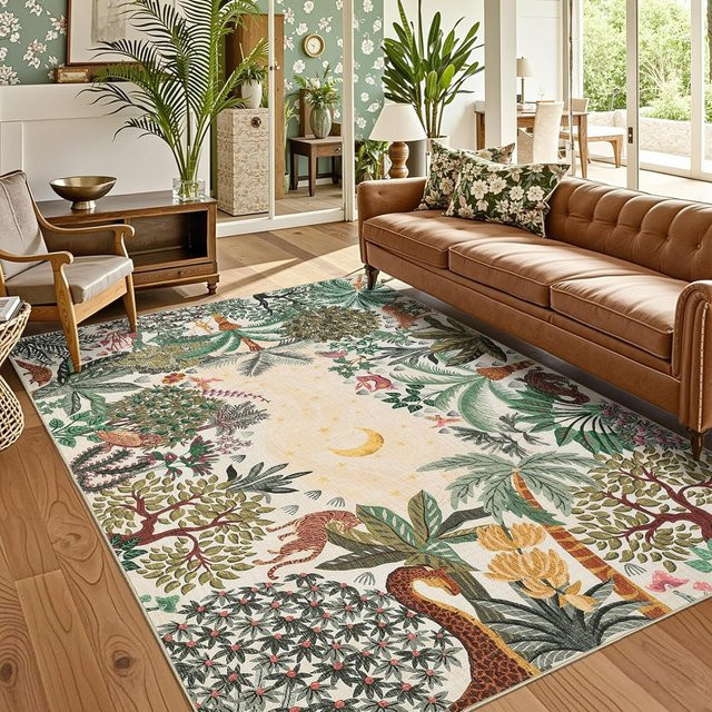 Boden Teppich Lodestar mit Tropischem Dschungel Muster, Tiger und Palmen, Mehrfarbig, B/T: 120 x 160 cm - Bild 1
