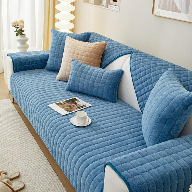 Super Six Plüsch-Sofakissen kariert in Blau, rutschfester und verdickter Sofabezug für das Wohnzimmer, B/B: 70 x 70 cm - Bild 1