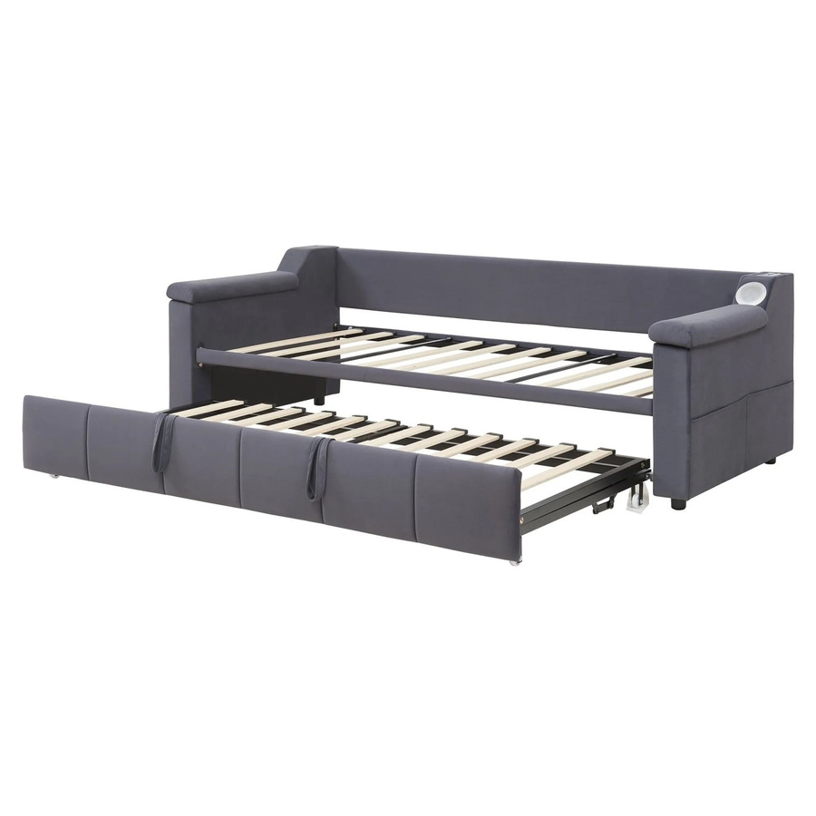 Merax Schlafsofa aus Samt in Grau mit USB-Ladeanschluss, Bluetooth und Bettablage, B/T/H: 180 x 90 x 105 cm - Bild 2