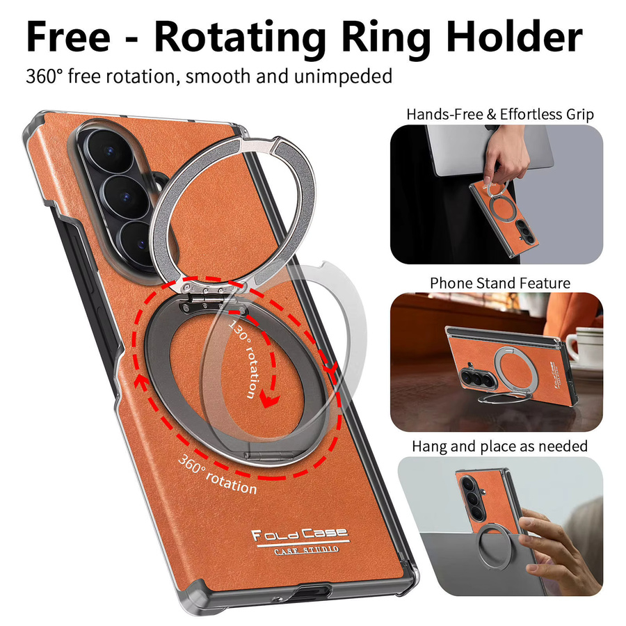 Retro Leder Handyhülle für Samsung Galaxy Z Fold 7 6 5 mit 360 Grad drehbarem Ringhalter und magnetischer kabelloser Ladefunktion in Schwarz - Bild 2