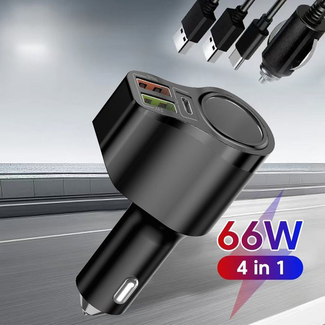 GUSEYEE Multifunktionaler Auto USB Ladegerät mit 4 Ports und 66 W Schnellladegerät, Dual USB PD Adapter in Schwarz - Bild 1