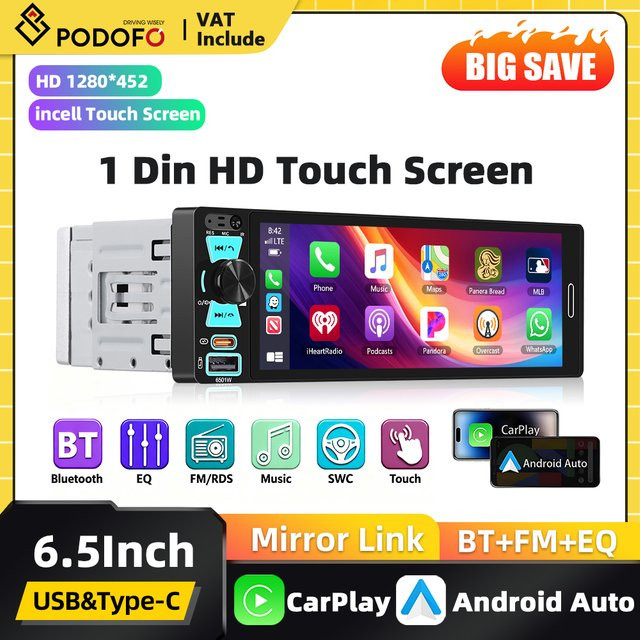Podofo 1DIN Multimedia-Autoradio mit 6,5 Zoll Incell Touchscreen, Carplay, Android Auto und Mirror Link in Schwarz - Bild 1