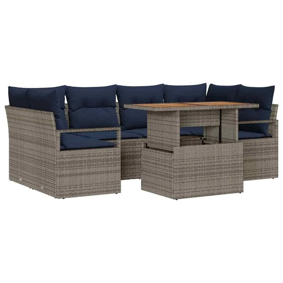 vidaXL Garten-Sofa-Set 7-tlg. aus Poly-Rattan mit Kissen in Grau und Marineblau - Bild 2
