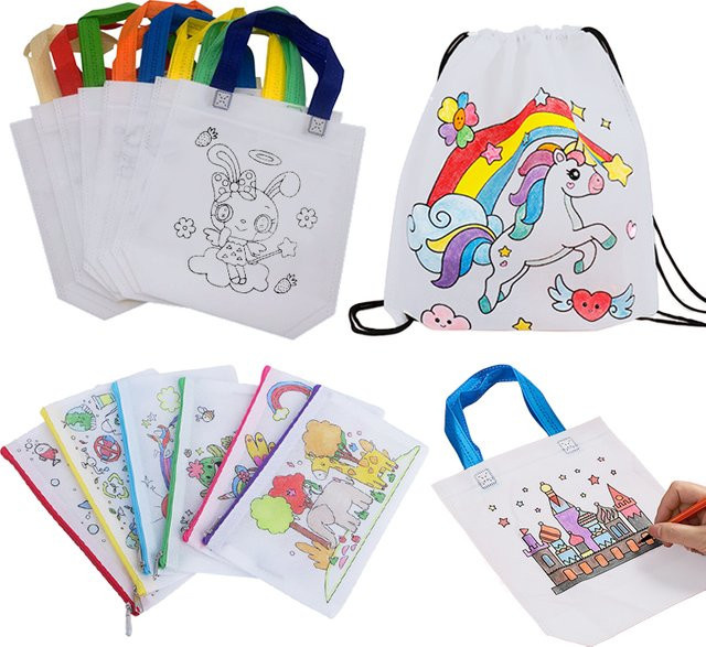IFITU PUBO DIY Mal-Goodie-Taschen mit Farbmarkierungen, umweltfreundliche Vliesstoff-Geschenktüten mit Kordelzug für Kinder und Party-Spielzeug-Aufbewahrung - Bild 1