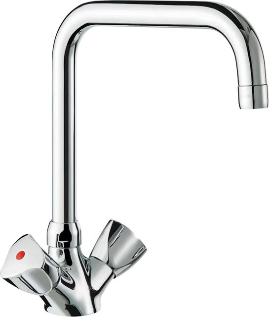 Delabie MBatt Einloch-Standmischer mit Zweigriff und schwenkbarem Auslauf, Chrom/Silber - Bild 1