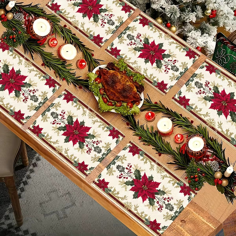 VIKAMA 4er Set Weihnachts Tischsets in Rot mit Schneeflocken und Stechpalmenblattmuster zur festlichen Tischdekoration - Bild 2