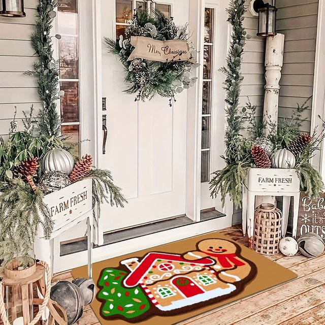 VIKAMA Bodenmatte mit Lebkuchenhaus-Aufdruck, rutschfester und saugfähiger Willkommensteppich für weihnachtliche Dekoration - Bild 1