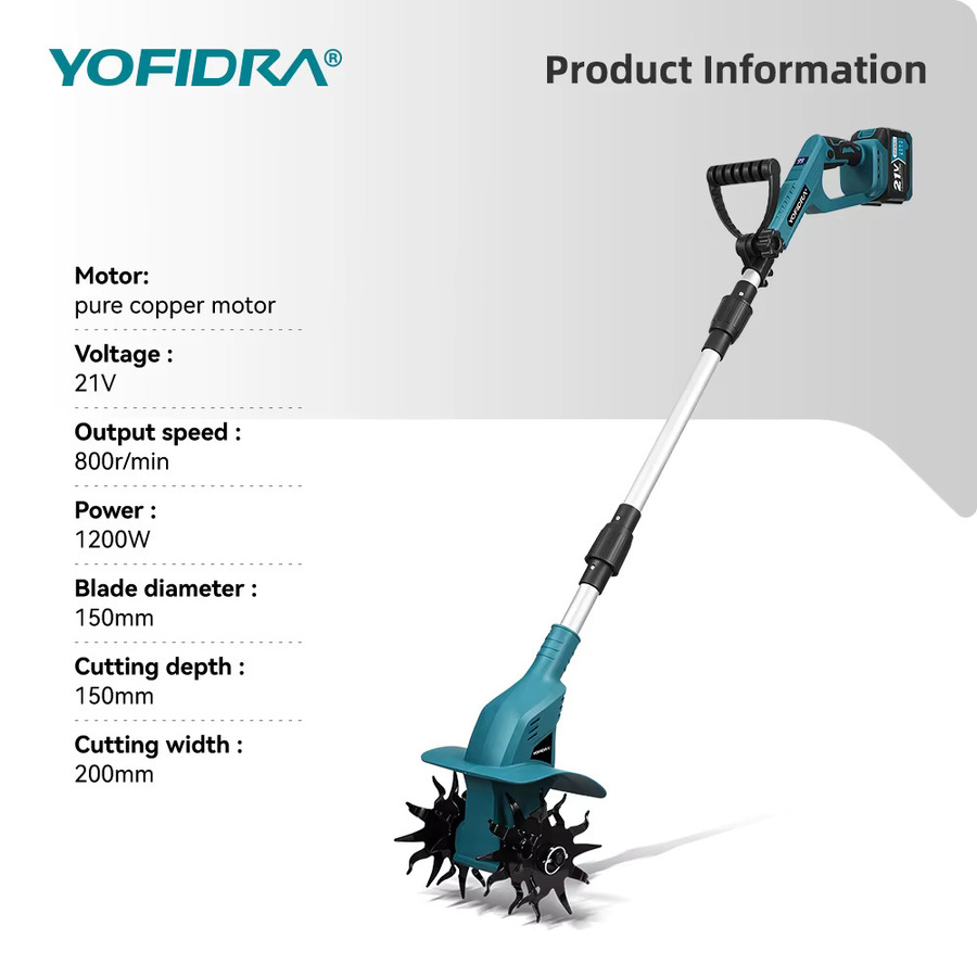 YOFIDRA Elektrische Gartenfräse in Blau, kabelloser Bodenlockerer für Makita 21V Akku - Bild 5