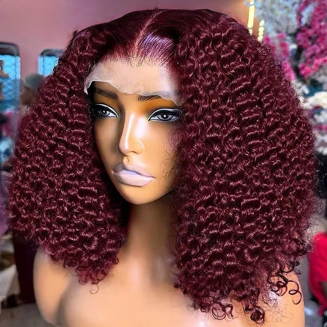 Doralia Tiefe Welle Bob Perücke, Brasilianisches Remy Echthaar, 99J Burgund, 13x4 HD Transparent Spitze, Unisex - Bild 1