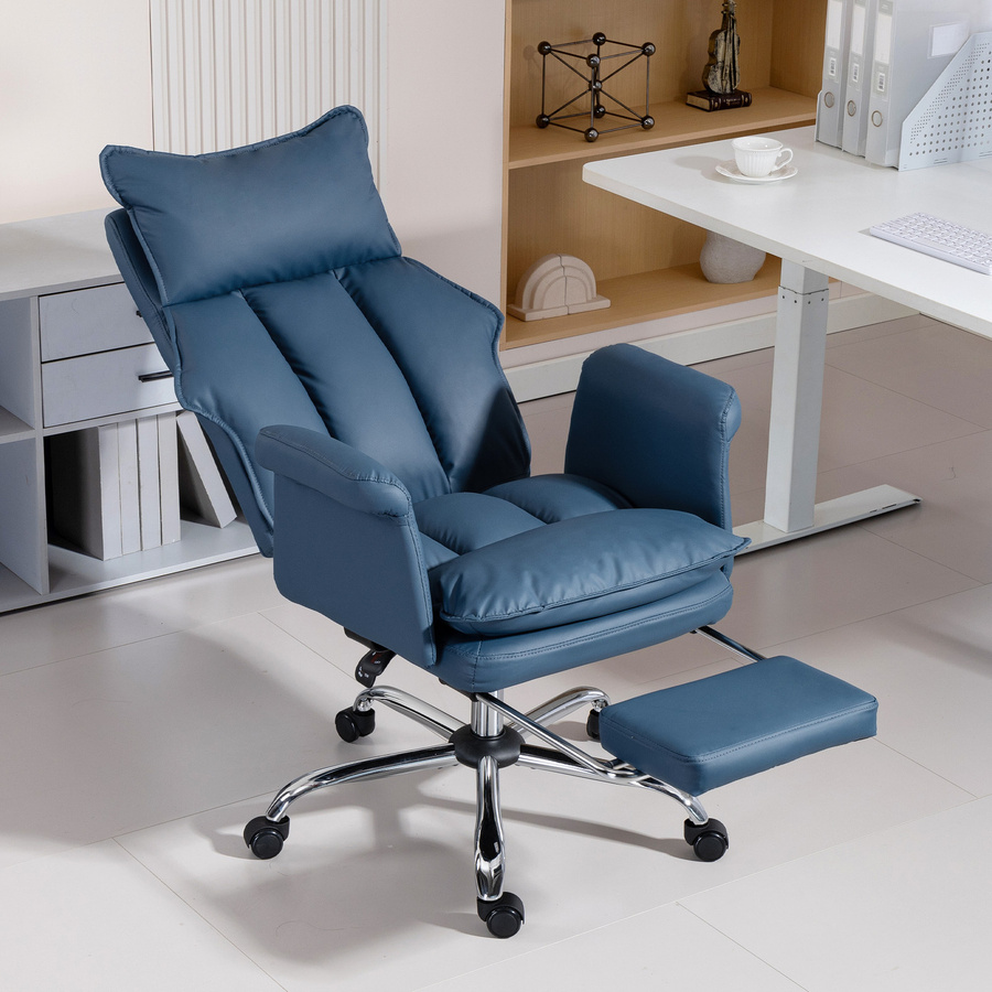HOMCOM Bürostuhl mit Fußstütze in Blau, höhenverstellbarer Drehstuhl mit Kunstleder, Lendenstütze und Rollen - Bild 2