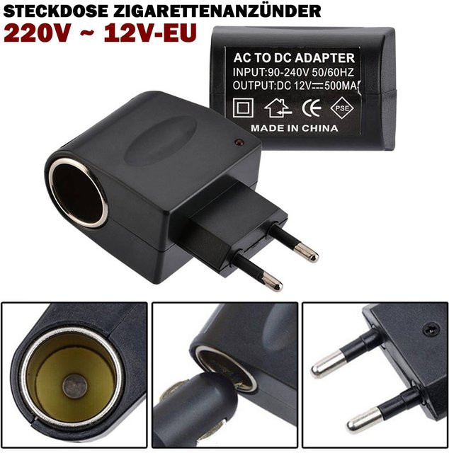Universeller 220V AC zu 12V DC Auto-Stromadapter in Schwarz als Steckdosenkonverter für den Haushalts-Zigarettenanzünder mit EU-Stecker - Bild 1