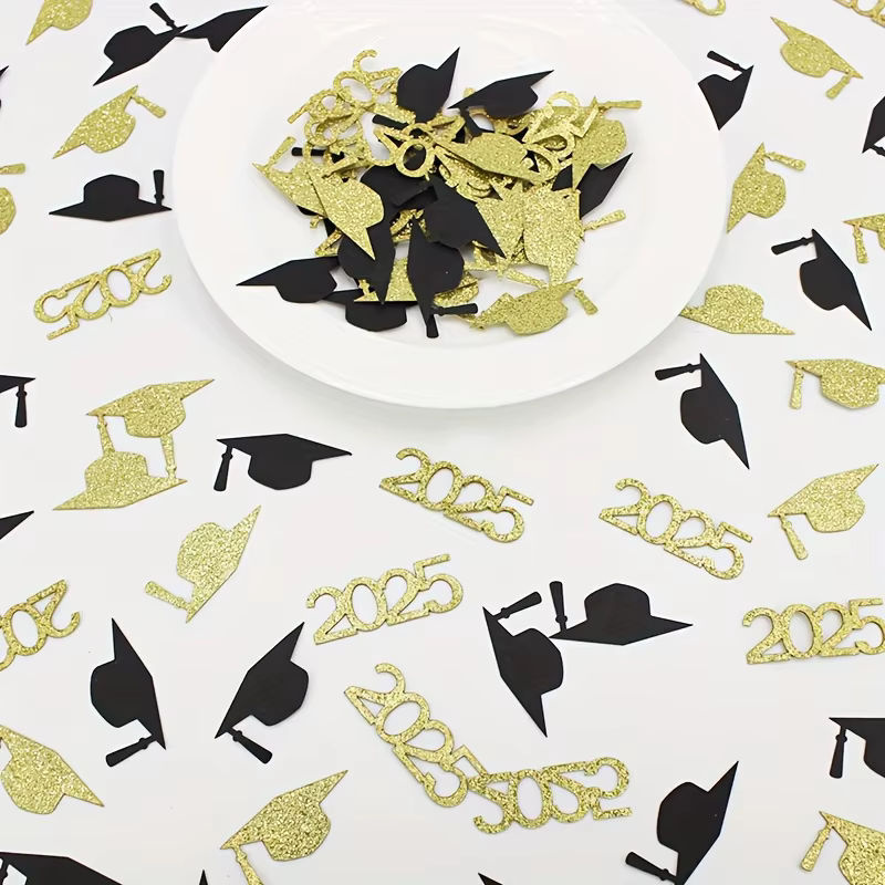 100 Stück Abschlusskappe-Konfetti in Schwarz und Gold aus Papier für deine Abschlussfeier - Bild 5