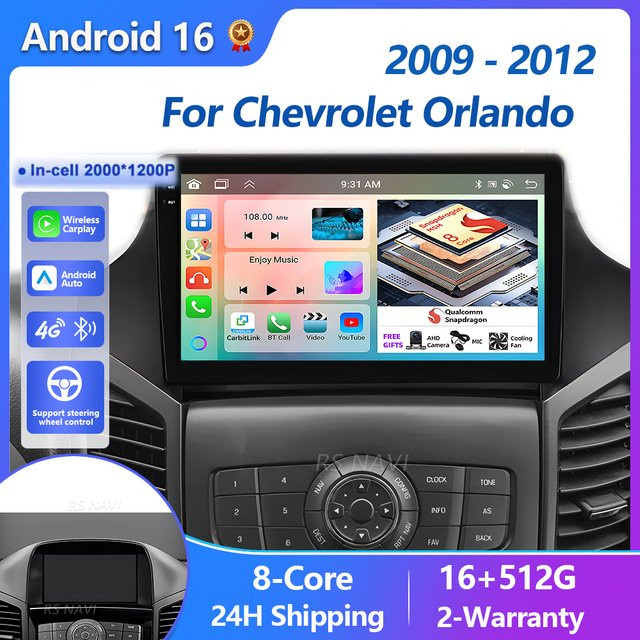 RSNAVI Android Autoradio mit WLAN und 4G für Chevrolet Orlando 2009-2012, Navigationssystem mit Carplay und Multimedia-Funktionen, Schwarz - Bild 1