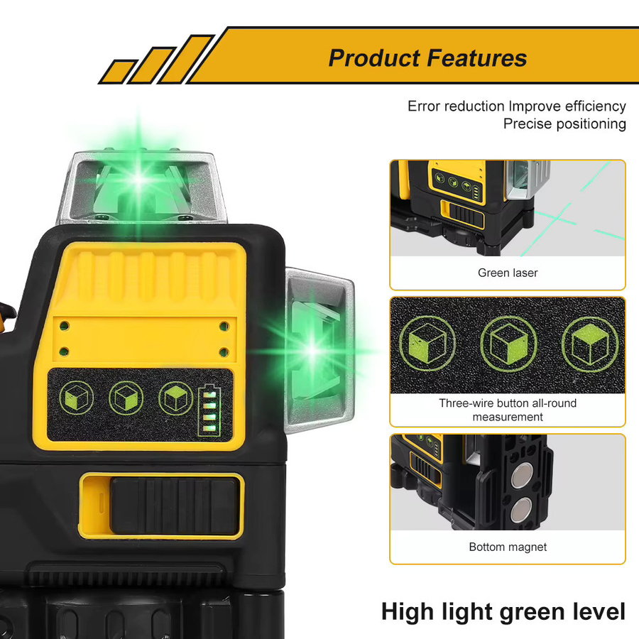 Podofo Grünes Laser-Nivelliergerät für Dewalt mit 12 Linien, 360 Grad vertikal und horizontal, selbstnivellierend, IP65 staubdicht und wasserdicht - Bild 2