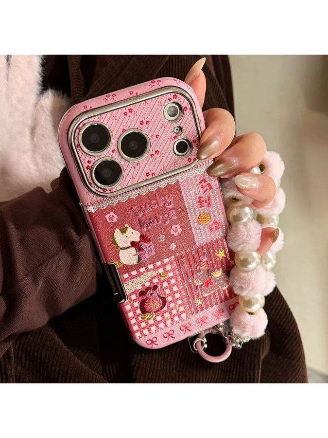 MUQGEW Handyhülle mit Koreanischem Cartoon-Pferd und Lederstruktur für iPhone 11 bis 17 Pro Max inklusive Armband, Stoßfest, Pink - Bild 6
