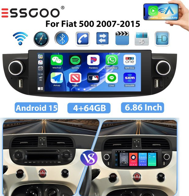 ESSGOO Android 15 Autoradio mit kabellosem CarPlay und Android Auto für FIAT 500 Abarth, Multimedia-Bildschirm mit GPS, WIFI und FM Radio, Schwarz - Bild 1