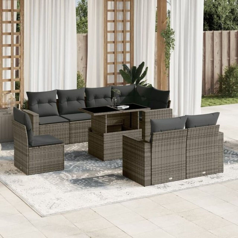 9-teilige modulare Garten-Sofagarnitur aus Poly-Rattan mit Kissen in Grau von vidaXL - Bild 1