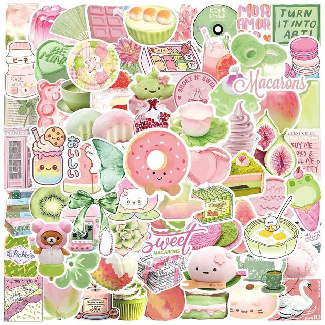 100 Stück wasserfeste PVC Aufkleber im Ins-Stil in Rosa und Grün von Anime Worlds Store - Bild 1