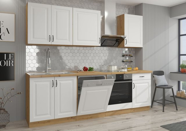Küchenzeile Stilo in Weiß und Eiche Artisan im Landhausstil, Breite: 250 cm - Bild 1