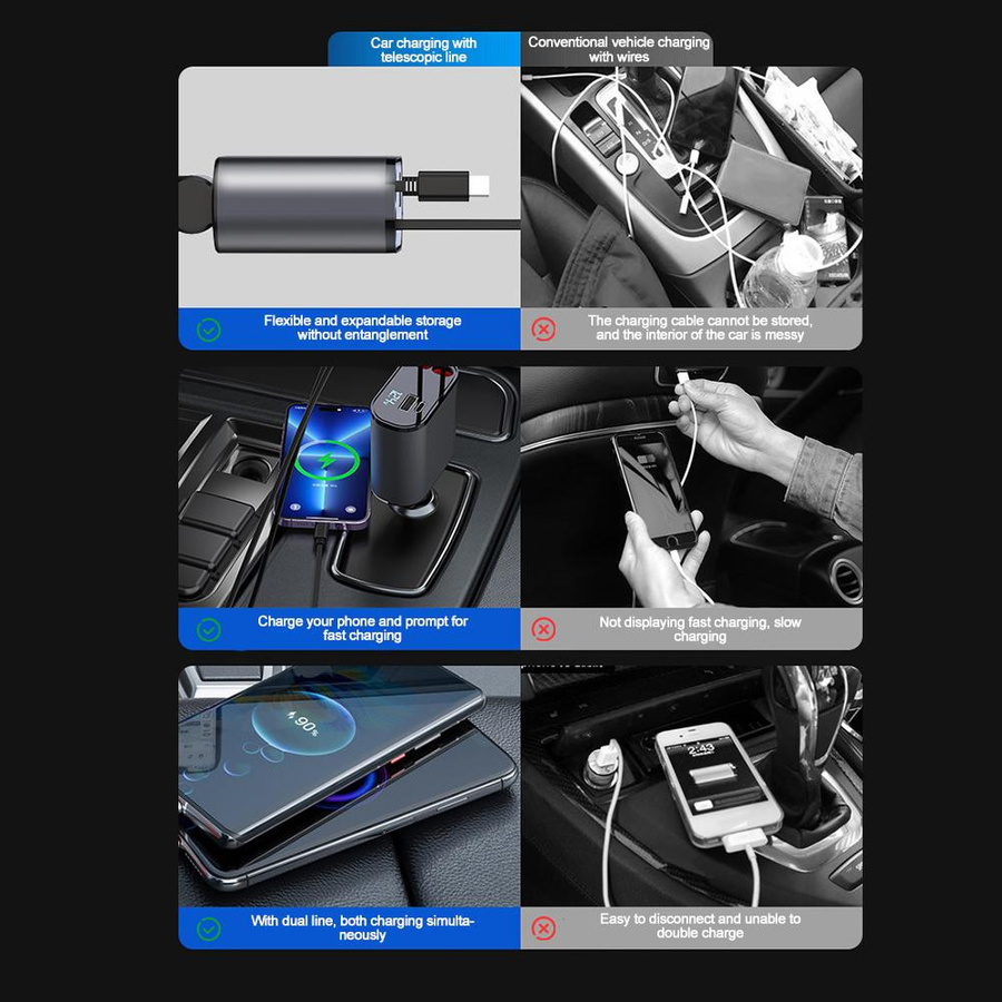 YJMP 100W Autoladegerät mit USB-C und USB-A, superschnelles Aufladen mit einziehbarem Kabel und Spannungsanzeige für iPhone, Huawei und Samsung - Bild 7