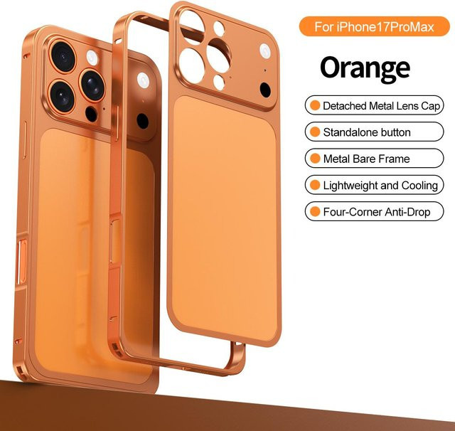 Schutzhülle für iPhone 14 Pro 15 16 Pro Max mit abnehmbarer Metallrückplatte und Objektivabdeckung in Orange im Bare Machine Feel Design - Bild 1