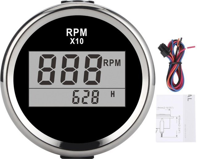 DIYelecs Drehzahlmesser mit LCD-Anzeige und roter Hintergrundbeleuchtung, IP67 wasserdicht, Durchmesser: 52 mm, 9-32V, Schwarz/Silber - Bild 1