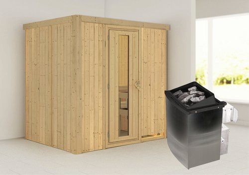 Karibu Sauna Kothla aus Fichtenholz mit 9 kW Saunaofen und integrierter Steuerung für 3 Personen, beige - Bild 1