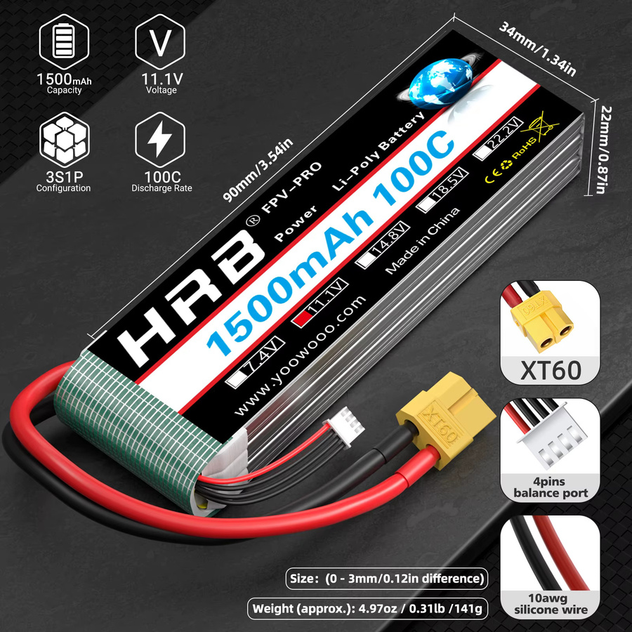 HRB LiPo Akku 11,1 V 3S 1500mAh mit XT60 Stecker für RC FPV Flugzeuge, Drohnen, Racing Boote und Autos - Bild 2