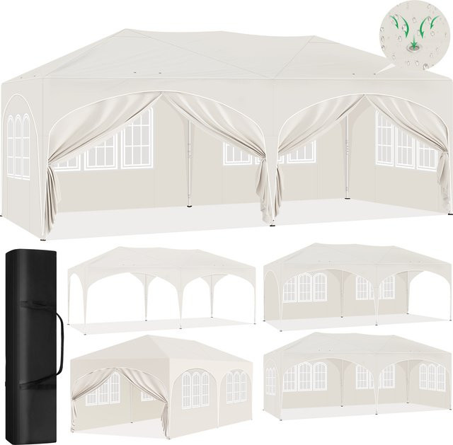 Faltbarer Pop-Up-Pavillon mit 6 Seitenwänden, wasserdichtes Campingzelt für Garten und BBQ, B/T/H: 600 x 300 x 265 cm, beige/weiß - Bild 1